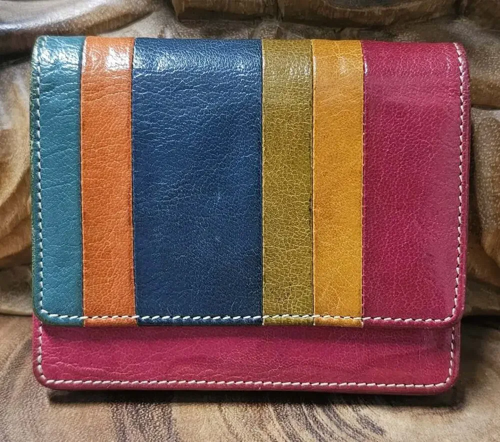 TUSK Colorblock Leather Snap Bifold Compact Wallet Keychain Minimalist RARE